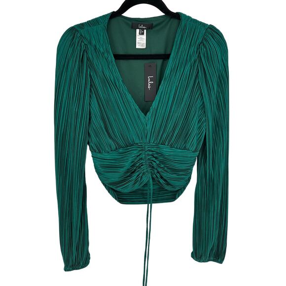 Lulus New! Green Satin Plisse Long Sleeve Blouse Ruched V-Neck Holidays Formal M - Picture 1 of 6